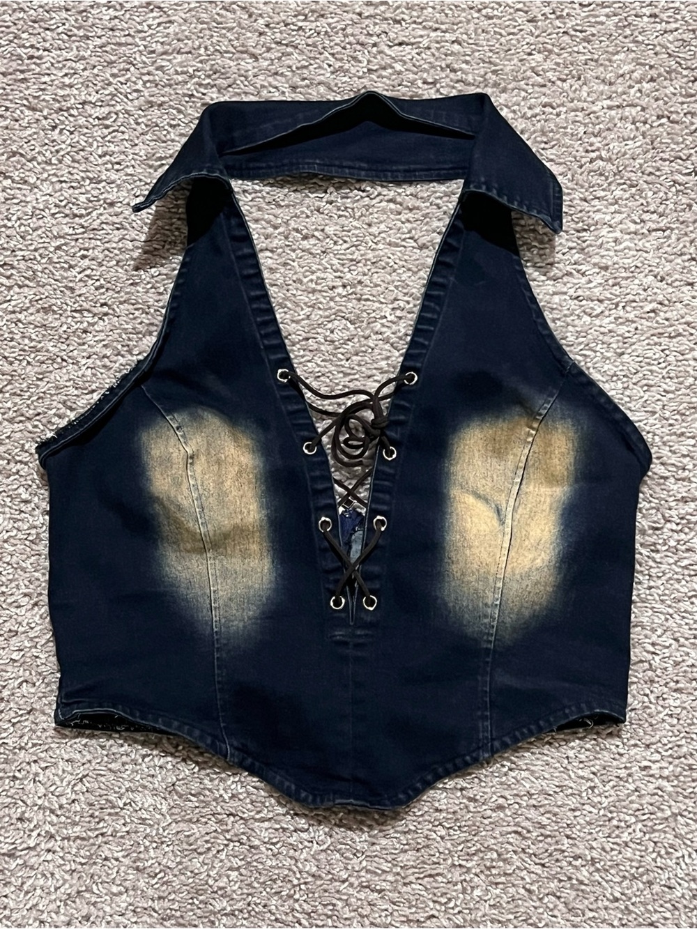 NWOT Fashion Nova Acid Wash Dark Blue Denim Lace-Up Halter Crop Top
